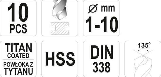 Набір свердел по металу HSS-TIN 1-10 мм 10 шт. YATO YT-44674 YT-44674 фото