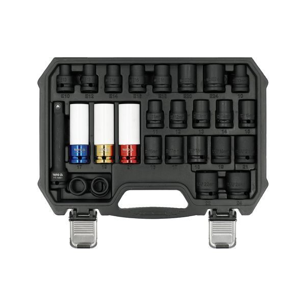 Набор головок торцевых ударных 1/2" (10-11мм и Torx E10-E24 + головки для колес 17/19/21) с удлинителем CrMo 24 шт. Yato YT-10569 YT-10569 фото