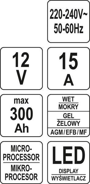 Зарядний прилад з LCD дисплеєм від мережі - 230В до акумулятора. 12V/(2/6/10/15А) макс. 300 Aч Yato YT-83037 YT-83037 фото