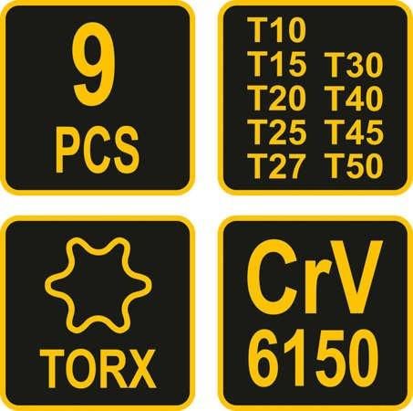 Набор шестигранных ключей Т-образных Т10-T50 9 шт. Vorel 56639 56639 фото