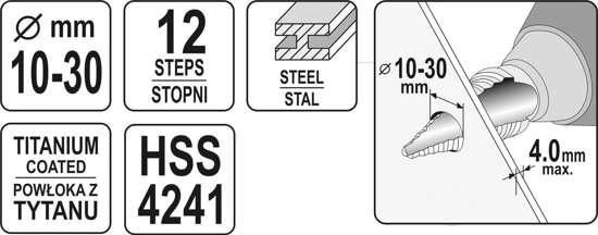 Свердло конусне ступеневе по металу 10-30 мм YATO YT-44746 YT-44746 фото
