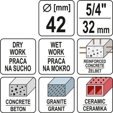 Свердло корончатое по каменю та бетону з алмазним напиленням 42*430 мм (хвостовик М32) YATO YT-60372 YT-60372 фото