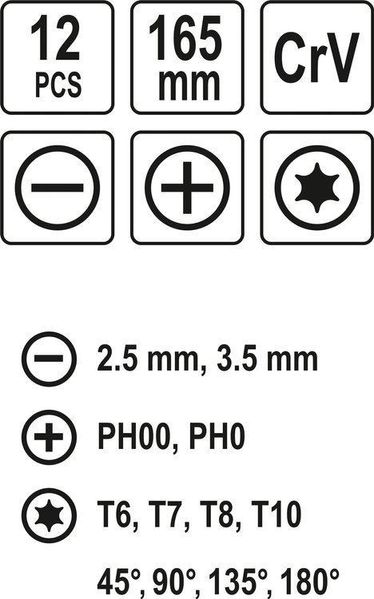 Набір викруток і гачків прецизійних L= 165 мм (SL/PH/TORX) Cr-V 12 шт. VOREL 64555 64555 фото