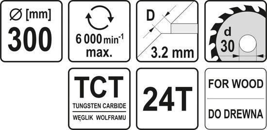 Диск пильний по дереву 300 Х 30 X 3.2 X 2.2 мм 24 зубця YATO YT-6075 YT-6075 фото
