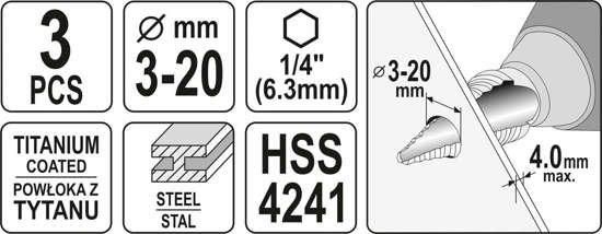 Сверла по металлу конусные титановые HEX-1/4" HSS 3 шт. Yato YT-44731 YT-44731 фото