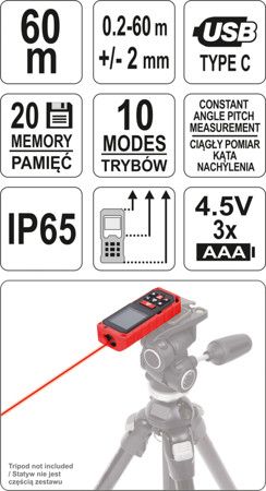 Далекомір лазерний 0.2-60 м 10 режимів YATO YT-73127 YT-73127 фото