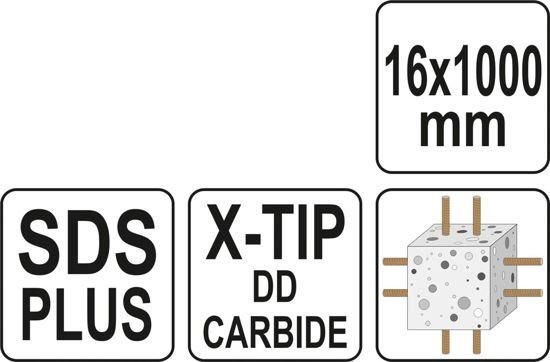 Свердло по залізобетону SDS PLUS PREMIUM Х-ТИП 16 Х 1000 мм з ріжучими кромками YATO YT-41971 YT-41971 фото