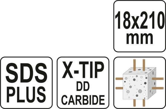 Свердло по залізобетону SDS PLUS PREMIUM Х-ТИП 18 Х 210 мм з 4 ріжучими крайками YATO YT-41949 YT-41949 фото