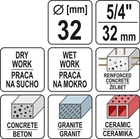 Свердло корончате по каменю/бетону Ø=32 мм (l=430 мм) з алмазними кромками (хвостовик М32) YATO YT-60371 YT-60371 фото