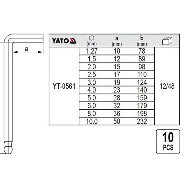 Набор шестигранников угловых с шаром 10 ед. Yato YT-0561 YT-0561 фото