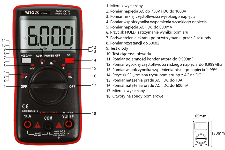 Мультиметр TRUE RMS електричних параметрів YATO з LCD-цифровим діапазоном 6000 Yato YT-73096 YT-73096 фото