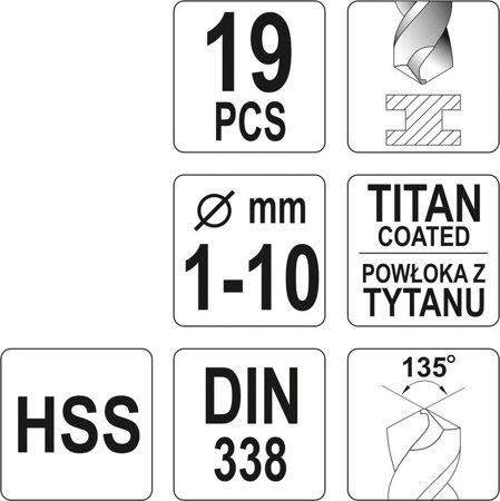 Набір свердел по металу HSS-TIN 1-10 мм 19 шт YATO YT-44675 YT-44675 фото