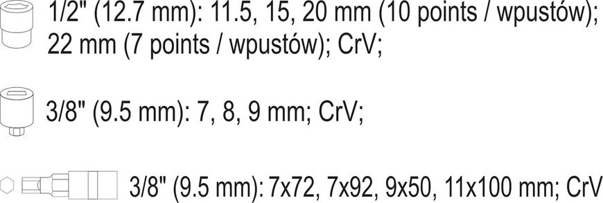 Комплект насадок 6-гр. для гальмівних супортів авто (квадр-3/8"/1/2") 7-22 мм 11 шт. Yato YT-06808 YT-06808 фото