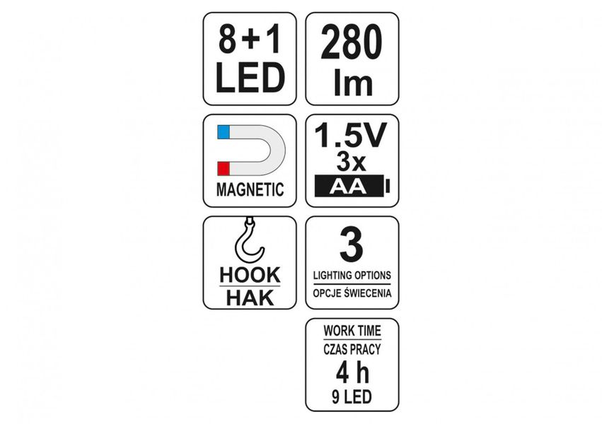 Фонарь LED на батарейки 3Х АА (8+1 диод) крюк + магнит (3 режима света) Yato YT-08513 YT-08513 фото