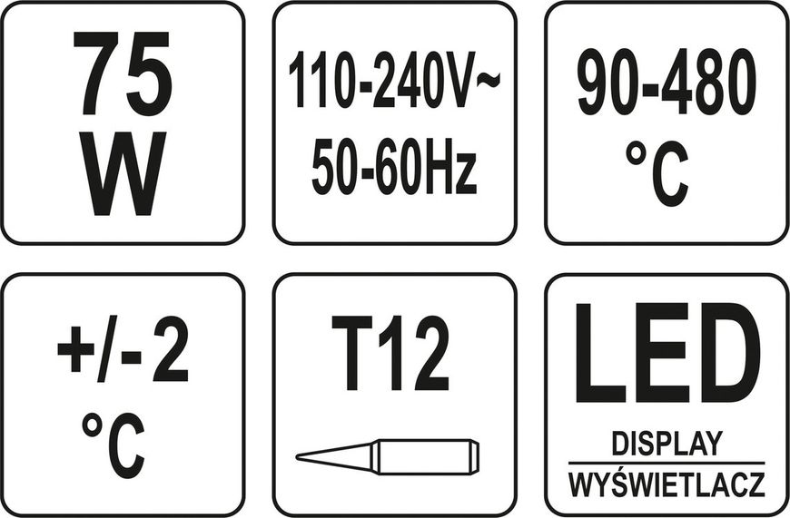 Паяльна станція мережева: 110-230 V (Р= 75 Вт) t°= 90-480°С (жало тип T12) LCD табло Yato YT-82461 YT-82461 фото