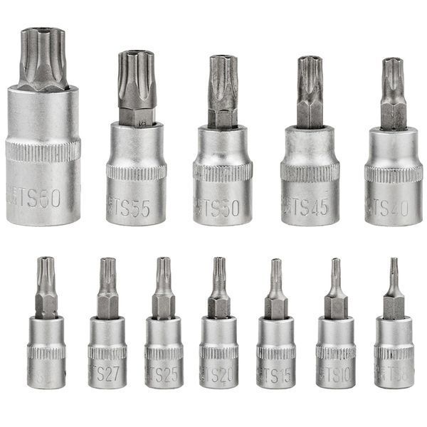 Набір біт TORX 1/4&Prime;/3/8&Prime;/1/2&Prime; типу S TS8-TS60 впресованих у головку 12 ел. Vorfal V08405 V08405 фото