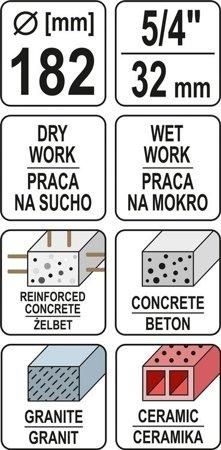 Свердло корончате по каменю/бетону Ø=182 мм (l=430 мм) з алмазними кромками (хвостовик М32) YATO YT-60379 YT-60379 фото