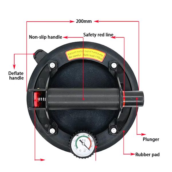 Вакуумна присоска для скла/плитки/металу 8" (250 кг) з манометром Marena M10188 M10188 фото