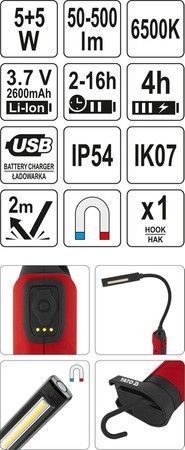 Лампа світлодіодна для майстерні 3.7 В Li-Ion (2 режими) зарядний USB-пристрій Yato YT-08527 YT-08527 фото