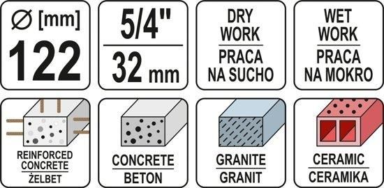 Сверло корончатое по камню/бетону Ø=122 мм (l=430 мм) с алмазными кромками (хвостовик М32) YATO YT-60377 YT-60377 фото