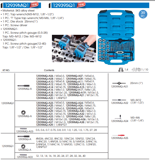 Набір мітчиків та плашок дюймових 39 предметів King Tony 12939SQ1 12939SQ1 фото