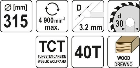 Диск пильный по дереву 315 мм 40 зубцов YATO YT-60791 YT-60791 фото