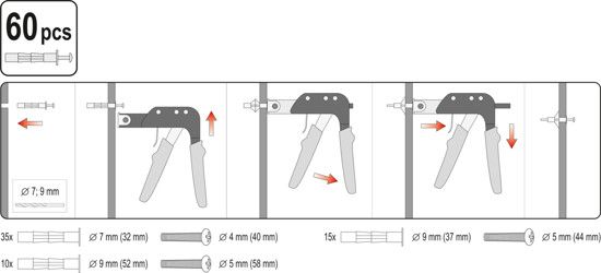 Заклепочник для дюбелей "MOLLY" с дюбелями (60 шт) YATO YT-51451 YT-51451 фото