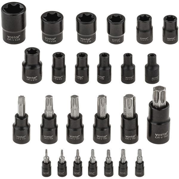 Набір торцевих головок TORX + набір біт TORX-E впресованих у головку 1/4&Prime; 3/8&Prime; 1/2&Prime; 25 ел. Vorfal V08402 V08402 фото