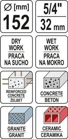 Сверло корончатое по камню/бетону Ø152 мм (l=430 мм) с алмазными кромками (хвостовик М32) YATO YT-60378 YT-60378 фото