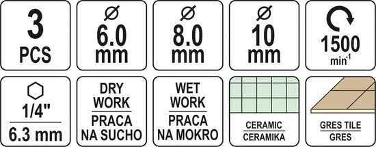 Сверла с алмазной кромкой 3 шт. (Ø=6-8-10 мм) l=65/10 мм с 6-гран. шпинделем-1/4" Yato YT-60409 YT-60409 фото